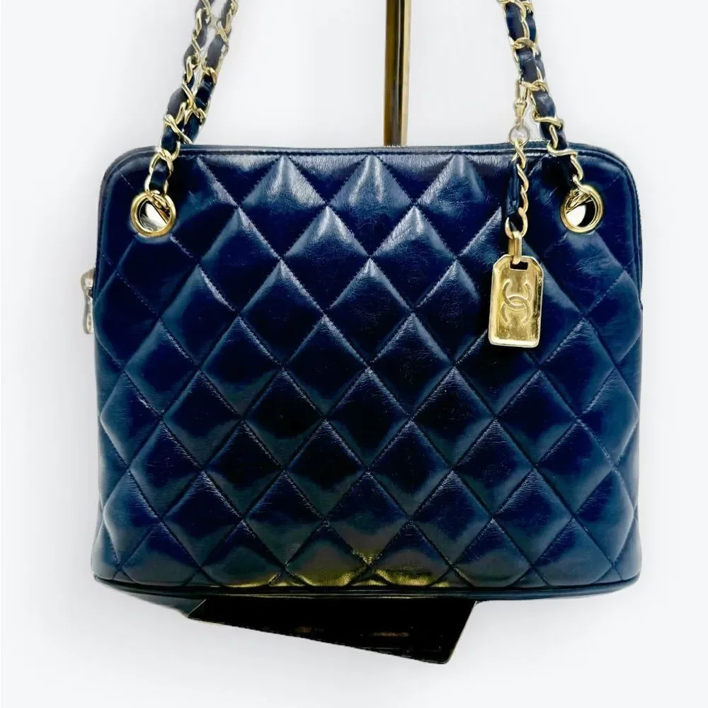 Auth Chanel Mademoiselle Navy Blue Polished Matelasse Quilted Shoulder Bag